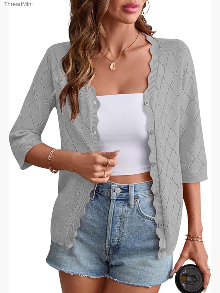 Lightweight 3/4 Sleeve Crochet Textured Shrug Cardigan Open Front V Neck Button
